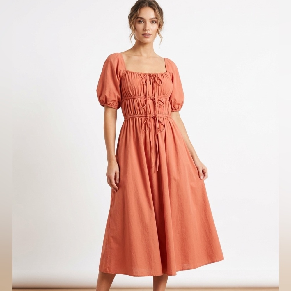 INA Rust Terracotta Smocked Puff-Sleeve Midi Dress Size S.‎ NWT